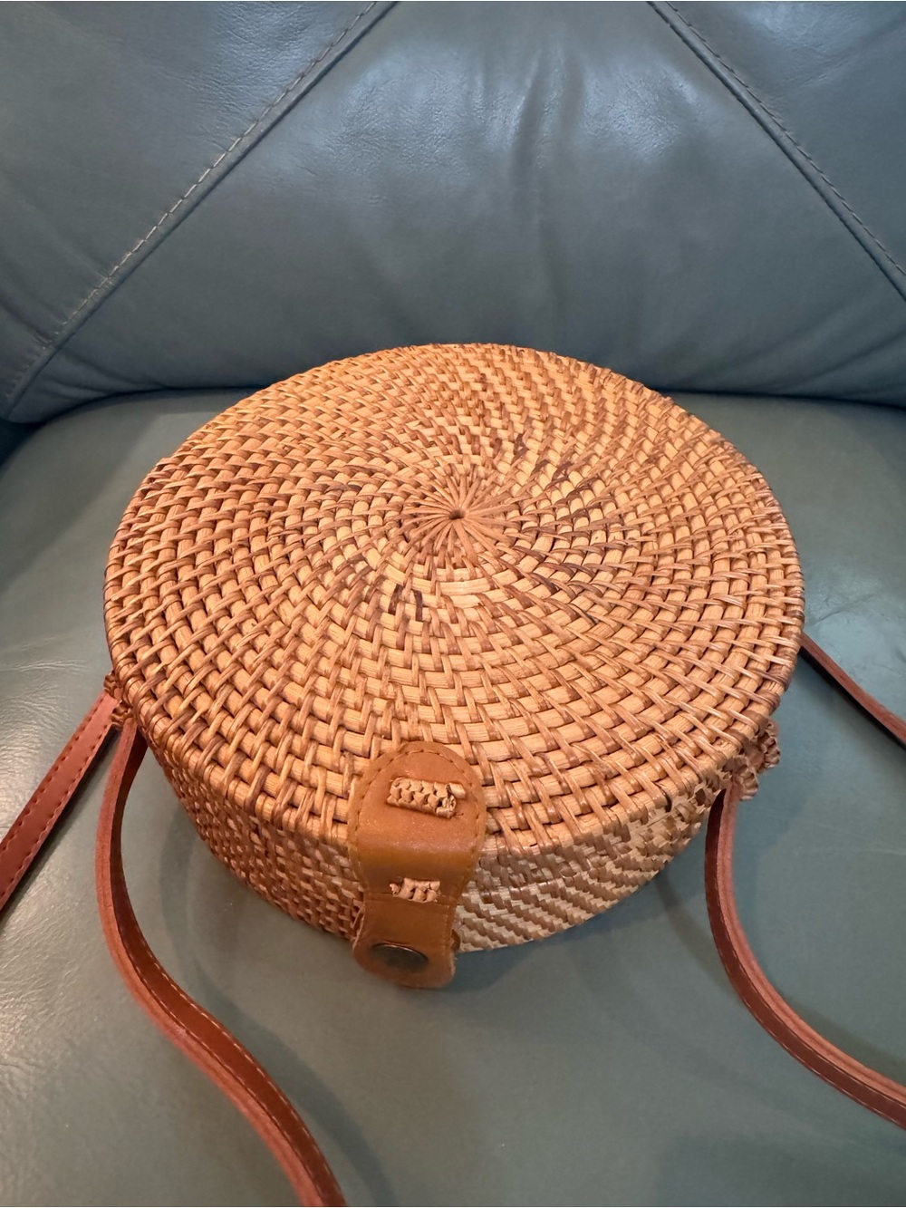 Woven Crossbody Bag with leather strap and snap closure- Tan & Brown
